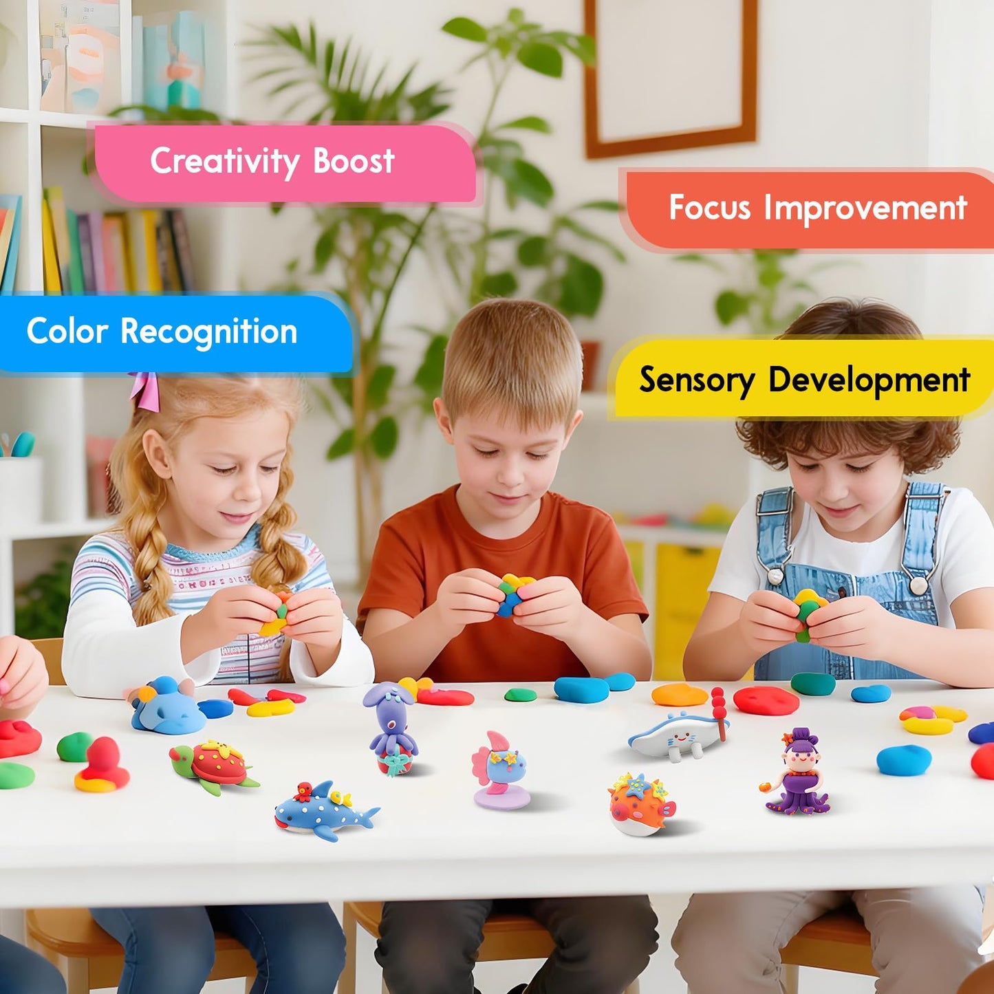 Ocean Buddies Air Dry Clay Kit for Kids - 12 Marine Animal Models with 4 Colors & Sculpting Tools, Ultra Light & Soft Modeling Clay Set, Non-Toxic DIY Arts and Crafts Gift for Boys & Girls Ages 3+