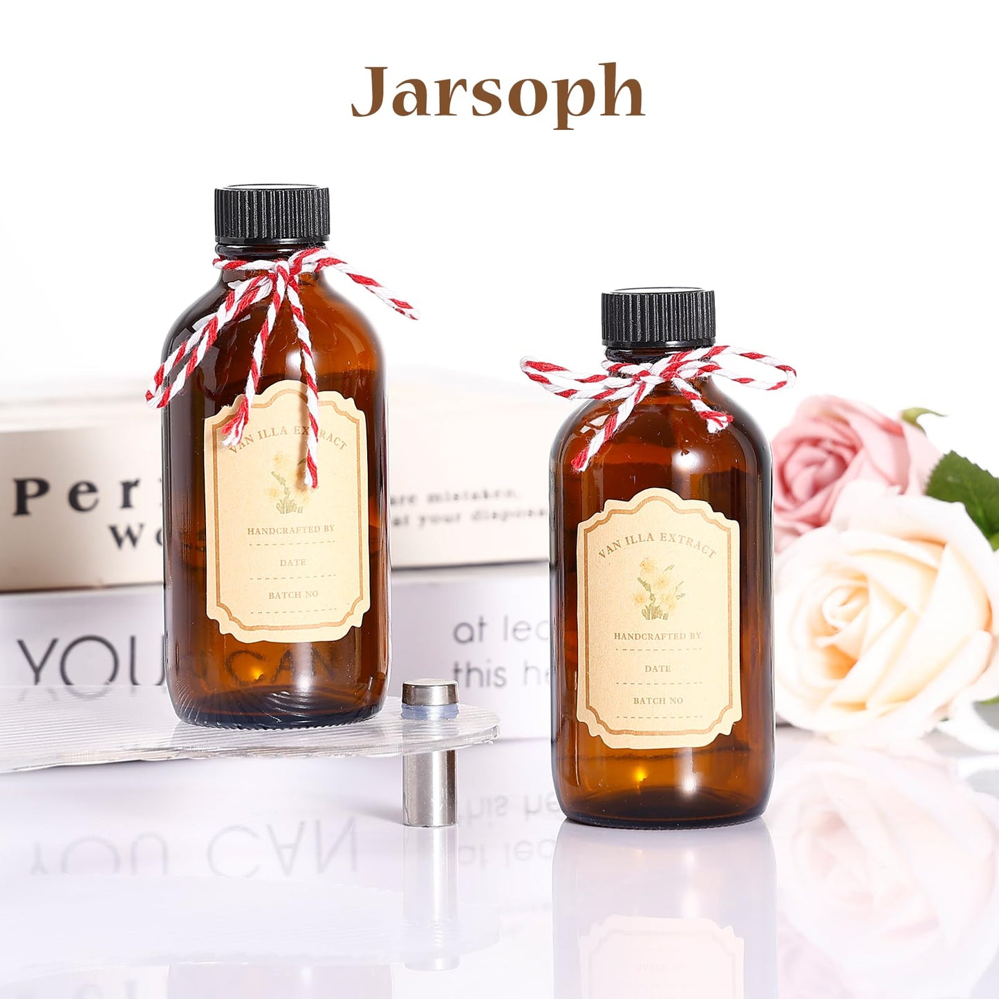 Jarsoph 4oz Amber Glass Bottles 8 PCS - Brown Boston Round Glass Bottles for Homemade Vanilla Extract, Essential Oils, Herbal Medicine, DIY Crafting - UV Protective 8 Pack Bottles for Syrup, Sauce