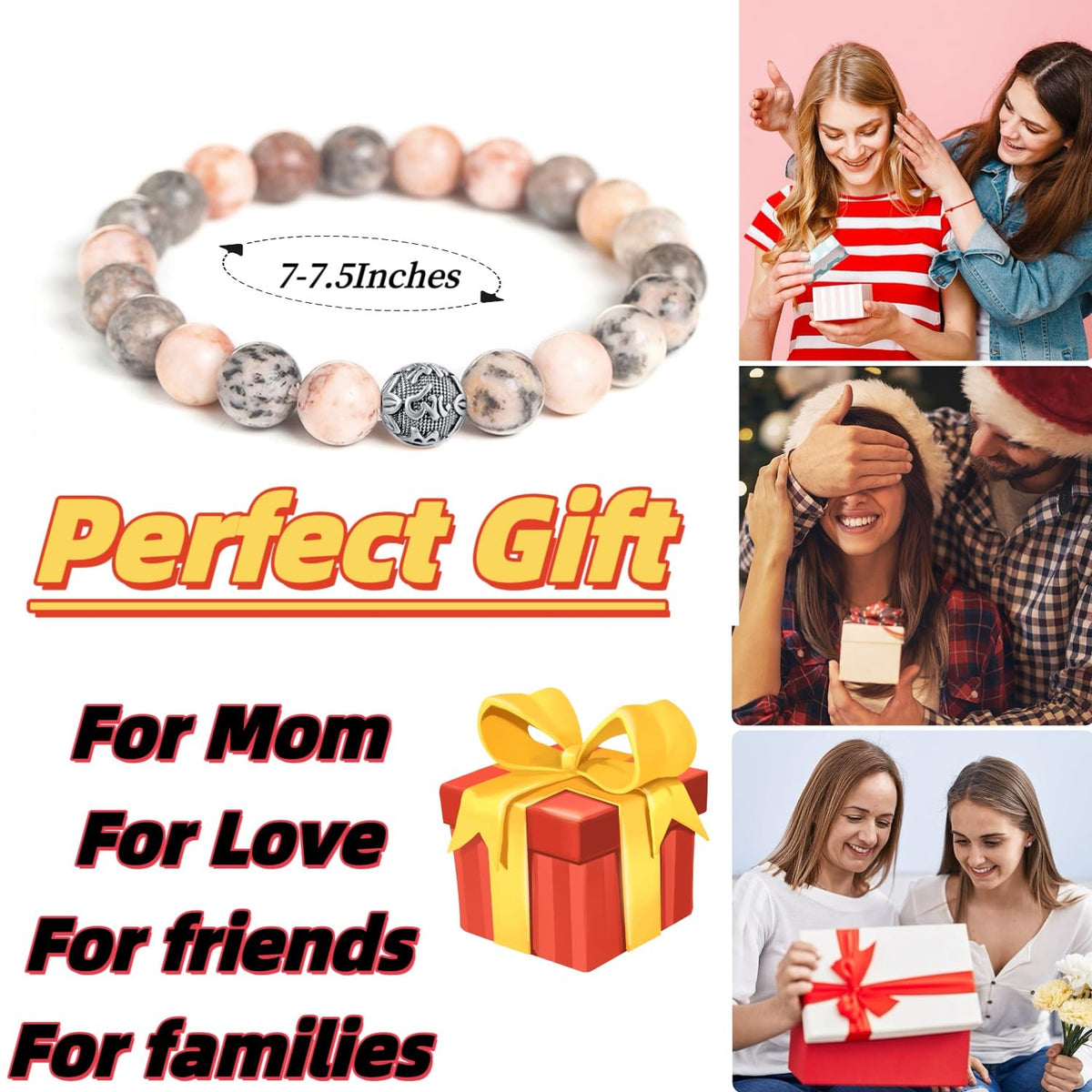 MetJakt Healing Crystals Beaded Bracelets for Womens Natural Gemstone 8mm Beads Stretch Bracelets with 925 Sterling Silver Double Happiness Pendant (Pink Zebra Jasper)