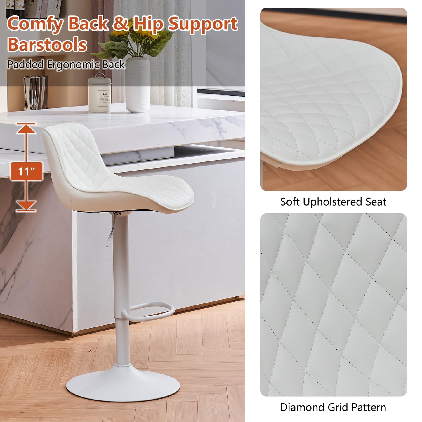 YOUTASTE All White Bar Stools Set of 2, Upholstered Counter Height Bar Stool, Adjustable Swivel Faux Leather Barstools, with Padded Back, Metal Base, Kitchen Chairs for Home Island