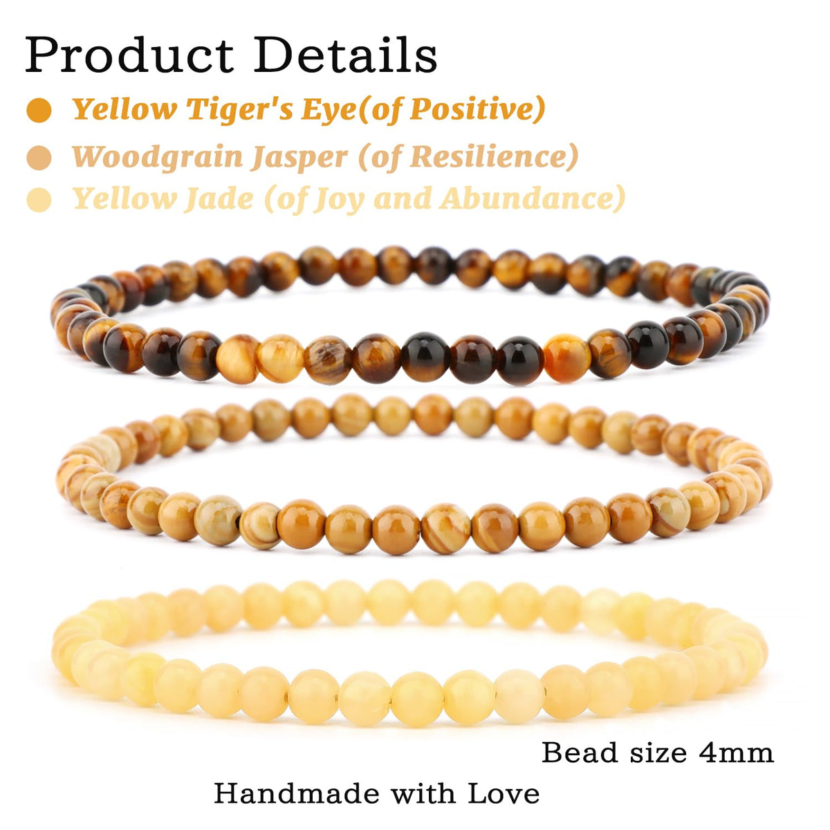 NCB 3-Piece 4mm Natural Crystal Gemstone Stretch Bracelets – ﻿Woodgrain Jasper, Yellow Jade, Yellow Tiger's Eye Handmade Reiki Energy Healing Jewelry for Meditation,Yoga, Unisex