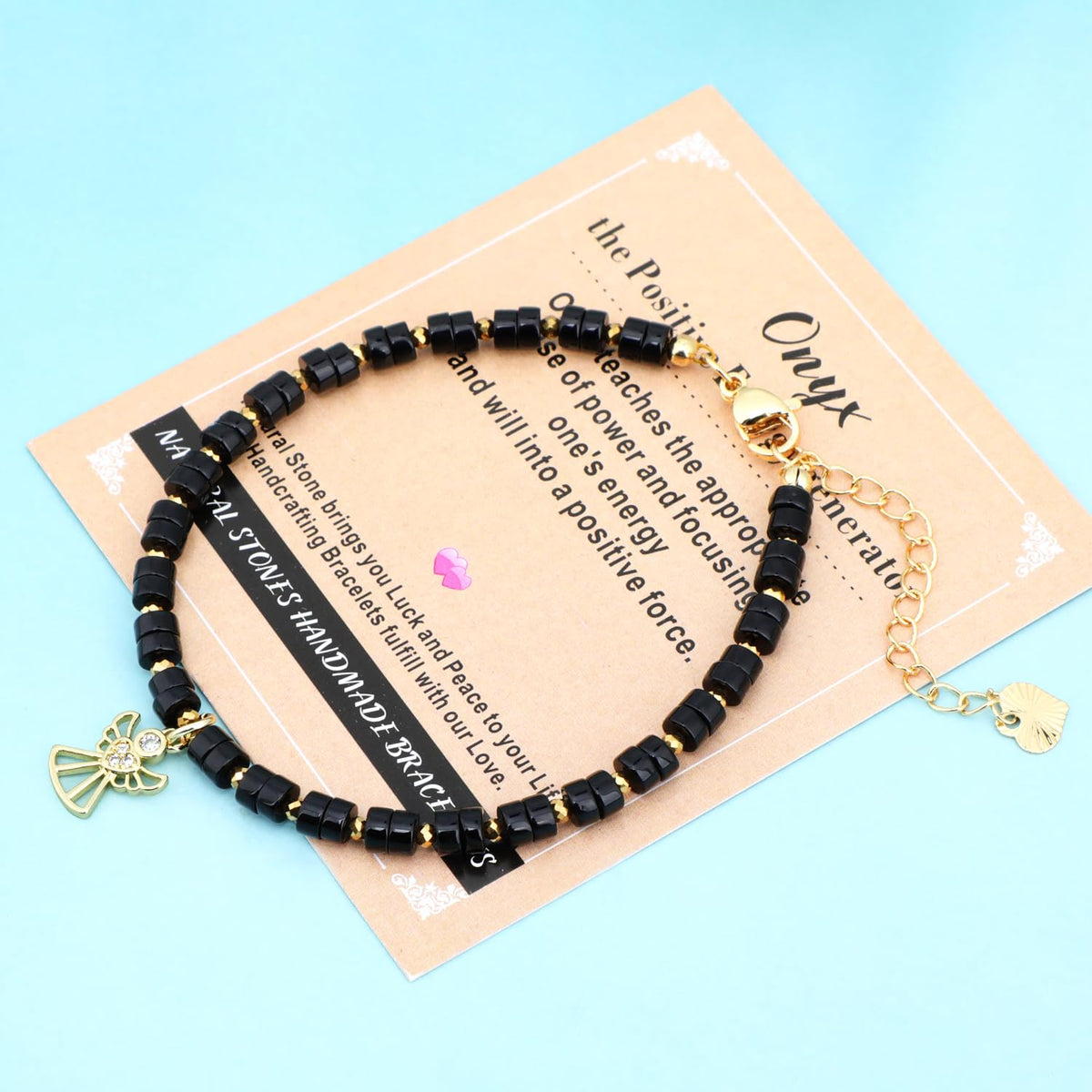 Natural Gemstone Healing Crystal Black Onyx Dainty Charms Angel Bracelet Adjustable Chain Extender Minimalist Jewelry