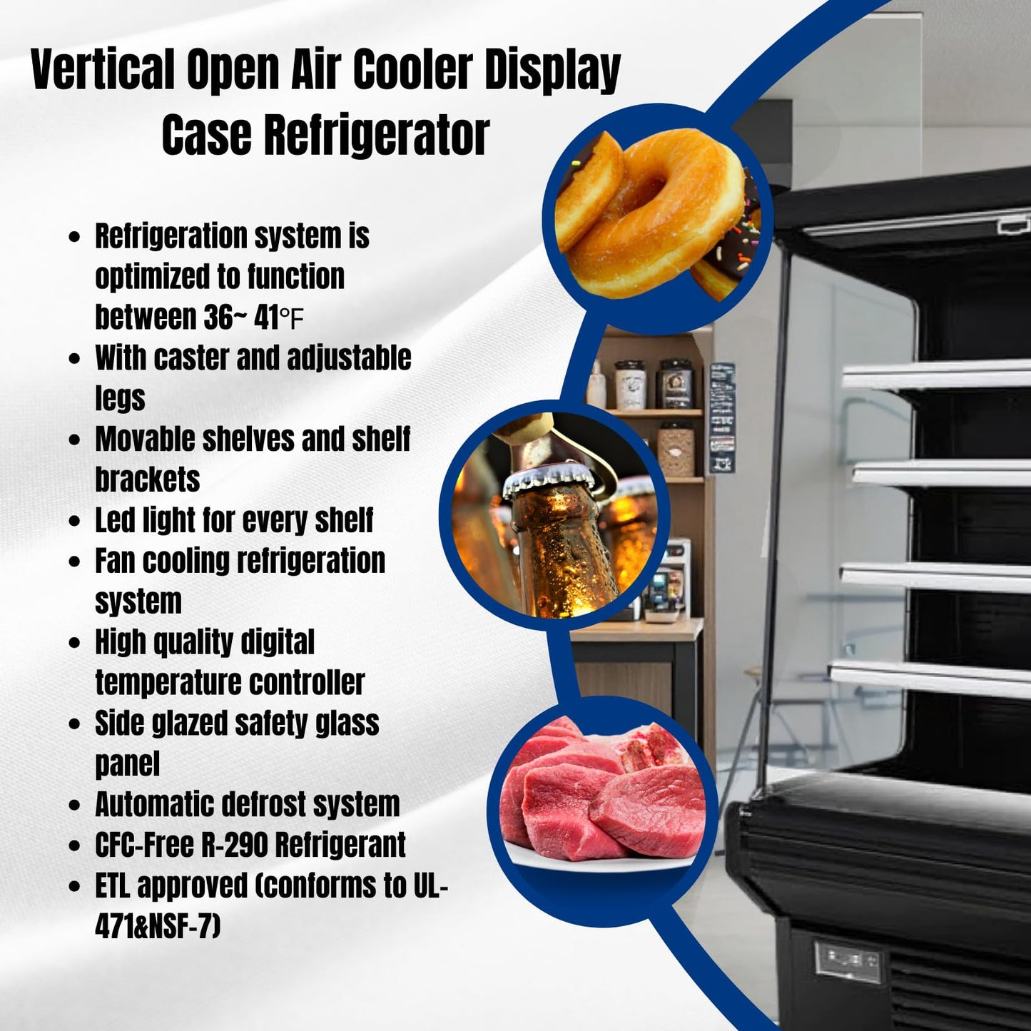 FRICOOL 52" Display Refrigerators Open Air Food Refrigerated Display Case for Commercial Bakery Pastry Refrigerated Upright Display Cooler Case for Stores, Supermarkets, Bar, Shops, 36~41℉, Black