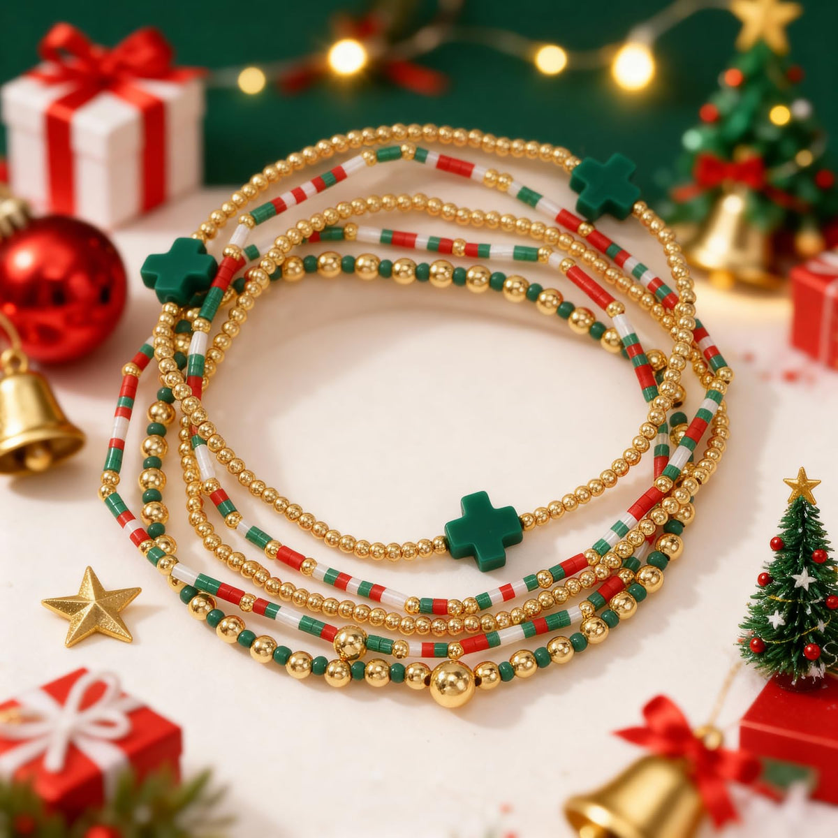 Bohxantium Christmas Bracelets Stack for Women Red Green White 14K Gold Plated Beaded Ball Stretch Stackable Small Seed Beads Cross Bracelet Trendy Jewelry Accessories Christian Friendship Xmas Gifts