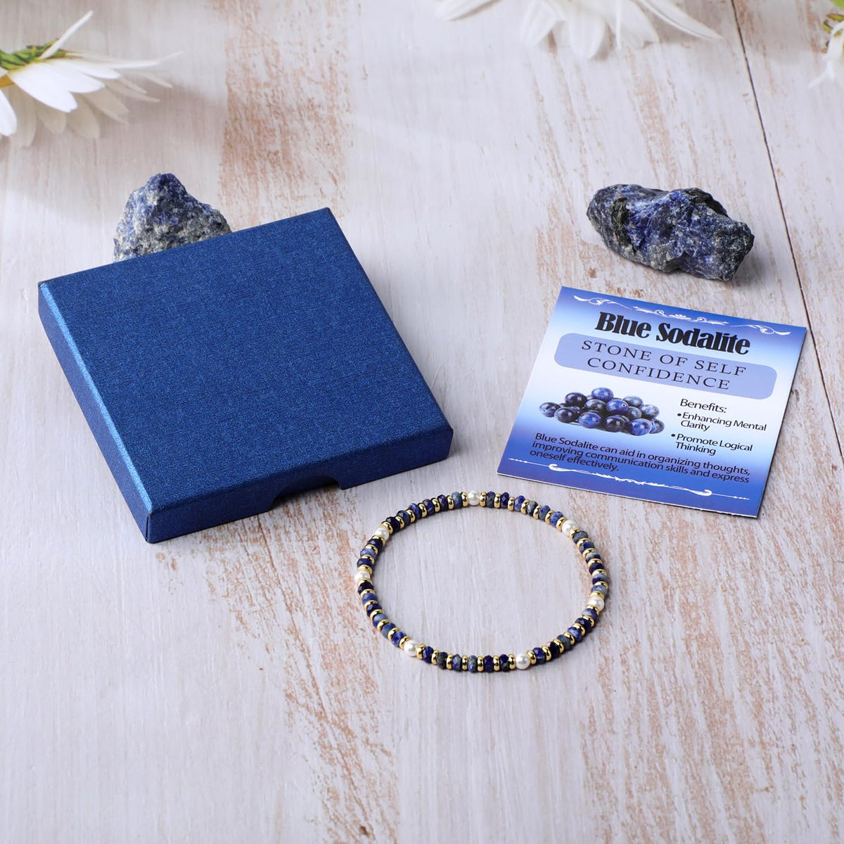 QOGIR Blue Sodalite - Self Confidence - 14K Gold Plated Beads Natural Gemstone Stretch Elastic Dainty Healing Beaded Bracelets Gifts 2x4mm