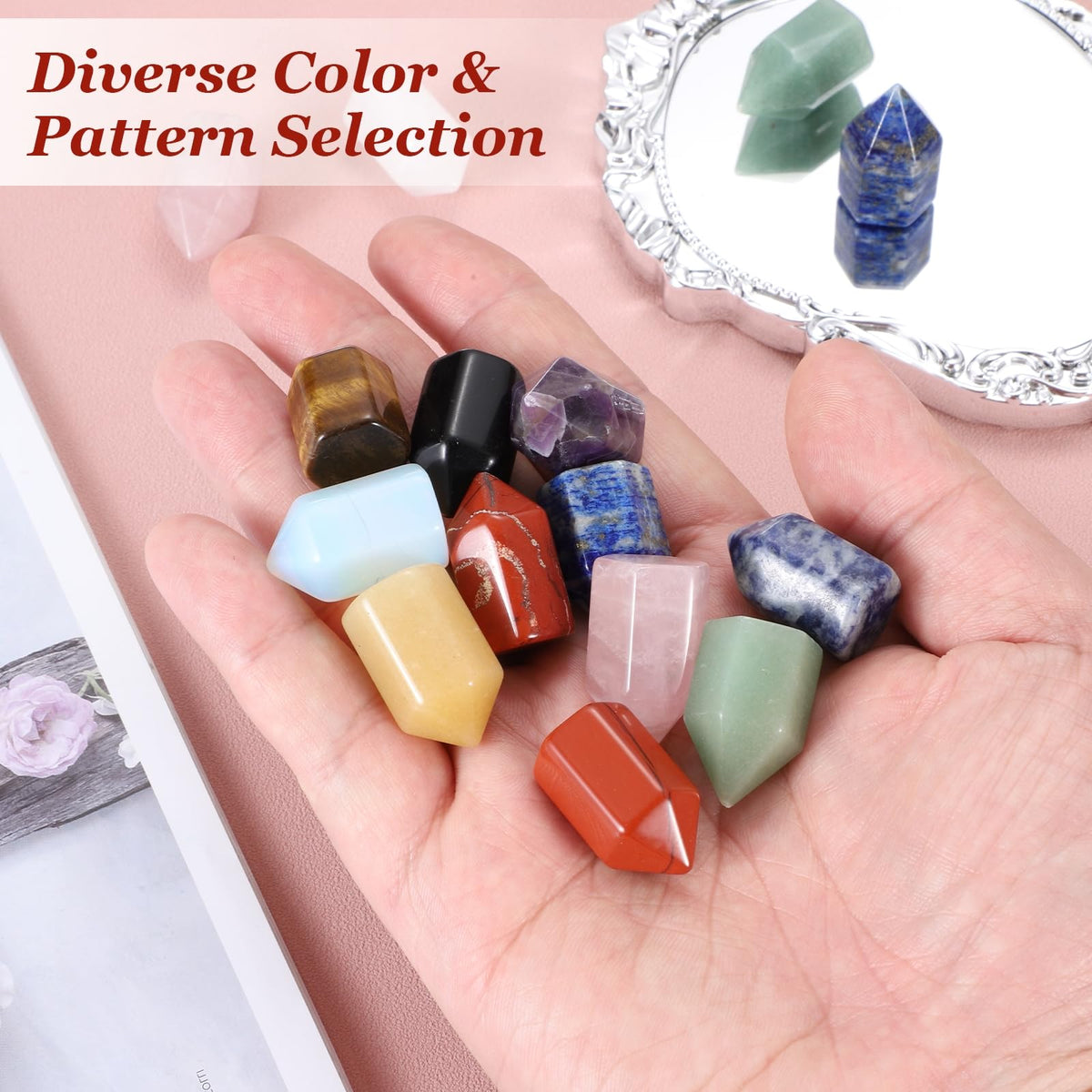 MECCANIXITY Crystals Wands Green Aventurine Hexagonal Faceted Single Points Towers Pocket Polished Stone Bulk for Energy Chakra Meditation Crystal Healing, 15 x 25mm (Green),5Pcs
