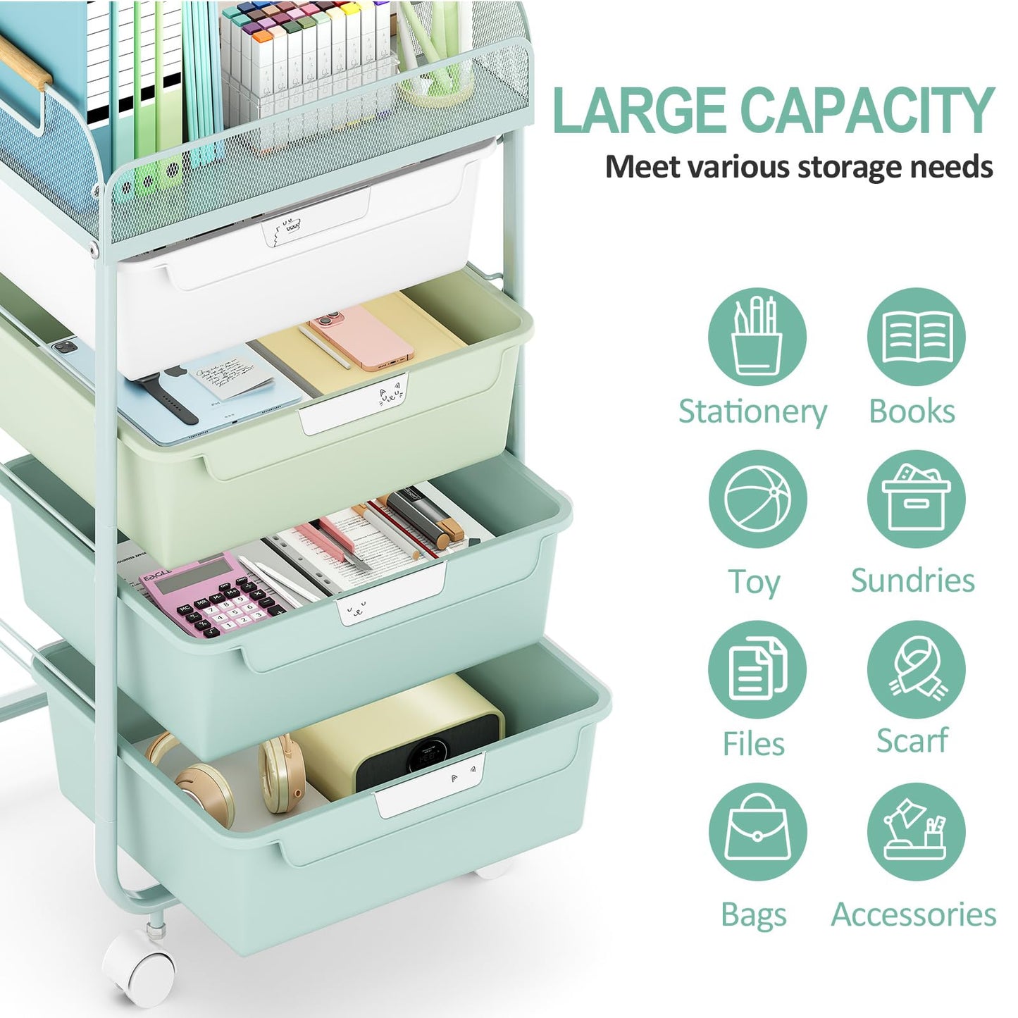 SYKIARIOL 4-Drawer Rolling Storage Cart with Mesh Top, Utility Craft Organizer Cart on Wheels with DIY Labels, Rolling Drawer Cart for Home Office Classroom Bedroom, Green