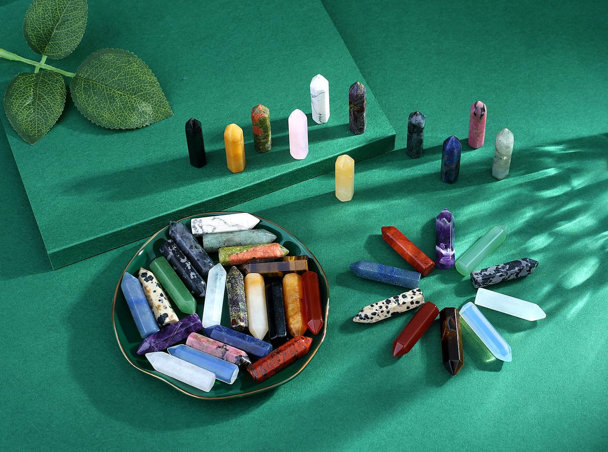 QINJIEJIE 42PCS Crystals Wands Stones Set Crystal Points Rose Quartz Amethyst Tiger Eye Bulk Gemstone Hexagonal Polished Gems Natural Reiki Chakra Stone for Energy Balancing Meditation Witchcraft Gift