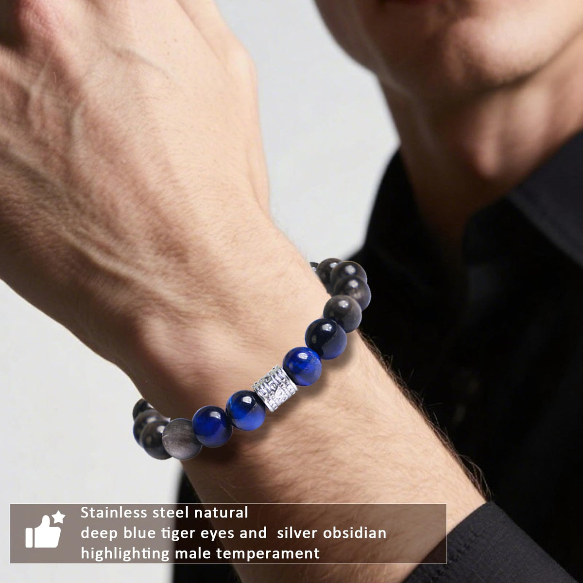 Tiger Eye Obsidian Beaded Bracelets For Men Gemstone Bracelets For Men &Women Fashion Natural Stone Men‘s Jewelry (black silver& blue)