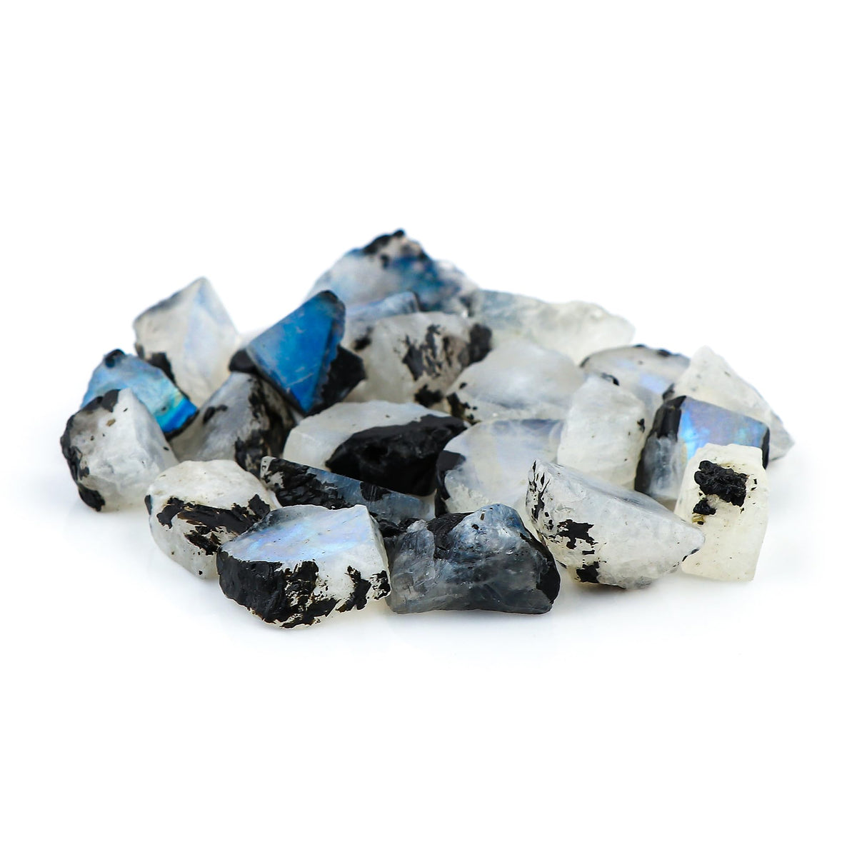 Gemkora 100 ct. Natural Blue Flash Raw Tourmilated Moonstone Moonstone Crystal Rough Gemstone Crystals, Rock, Jewelry Making Supplies, Chakra Healing, Art-DIY Stone, (8 to 10pcs) (15-20mm)