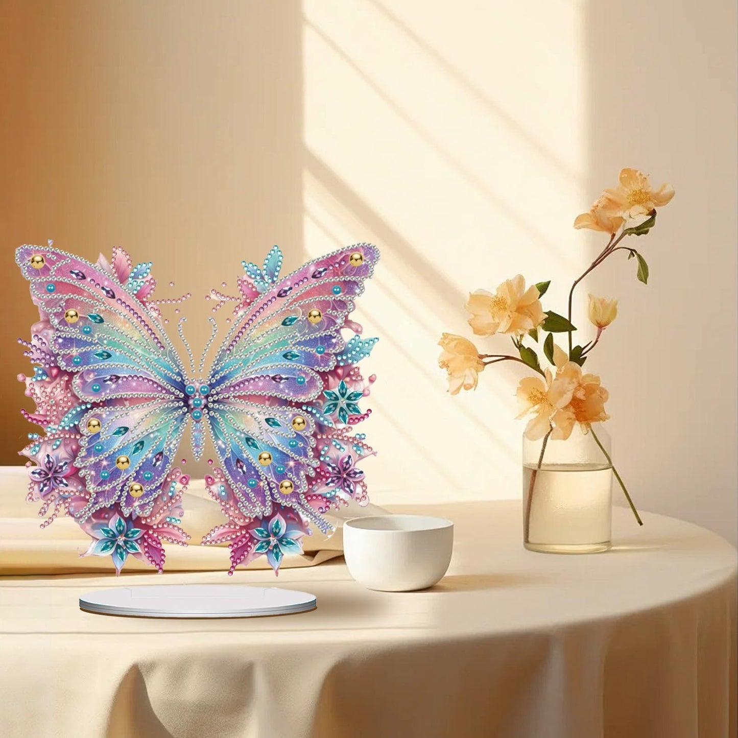 ACSAUMMY 5D Diamond Art Kits for Adults, Diamond Art Painting Desktop DIY Diamond Art Tabletop Pink Butterfly Diamond Arts and Crafts for Kids Adults Stand Up Gem Painting Kit for Decoration