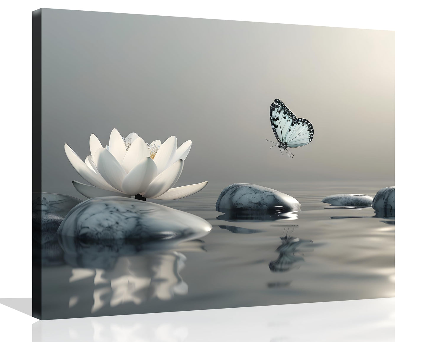 OWNANRTHM Zen Canvas Wall Art Lotus Bathroom Painting Lotus and Butterfly on Lake Pictures Large Butterfly Zen Poster for Yoga Spa Meditation Spirit Room Wall Decor Framed 12X16 inch