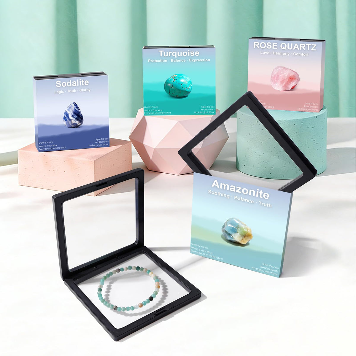 Risyfjew 4MM Handmade Amazonite Natural Gemstone Stretch Elastic Bracelet,PE Film Anti-oxidation Packaging Natural Stone Crystal Healing Power Energy Gifts for Adult