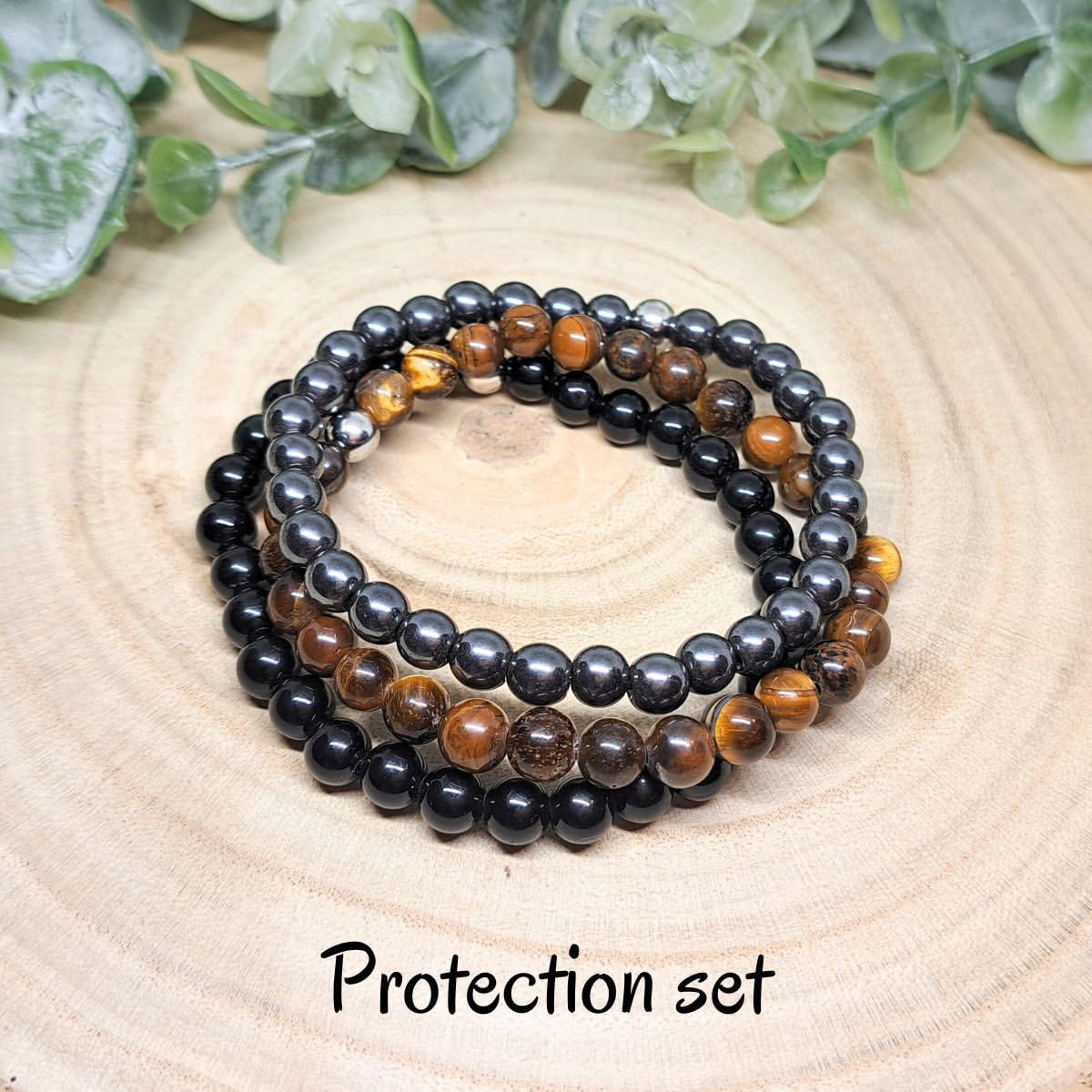 Crgwxzl 3pcs Triple Protection Bracelets,Healing Crystal Tiger Eye Bracelets for Women Men,Natural Stone Hematite Black Obsidian Beaded Spiritual Gemstone Jewelry Gifts