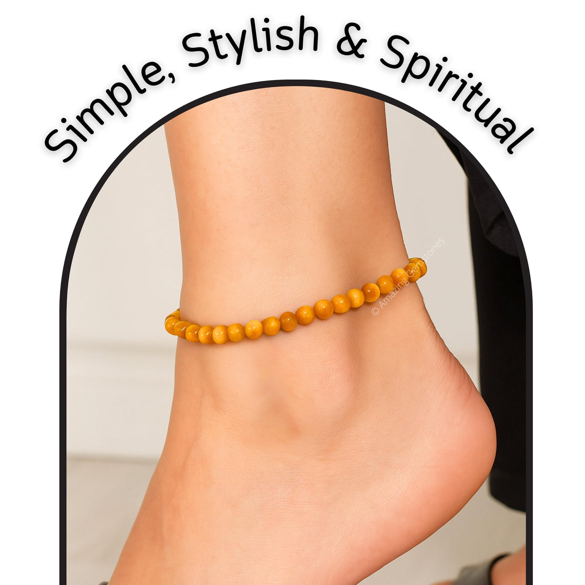 Amazing Gemstone Yellow Cat's Eye Anklet Ankle Bracelets for Women - Waterproof Beaded Healing Crystal Anklets, Plus Size Chakra Gemstone Bead Anklet (Stretchy Adjustable - Plain)