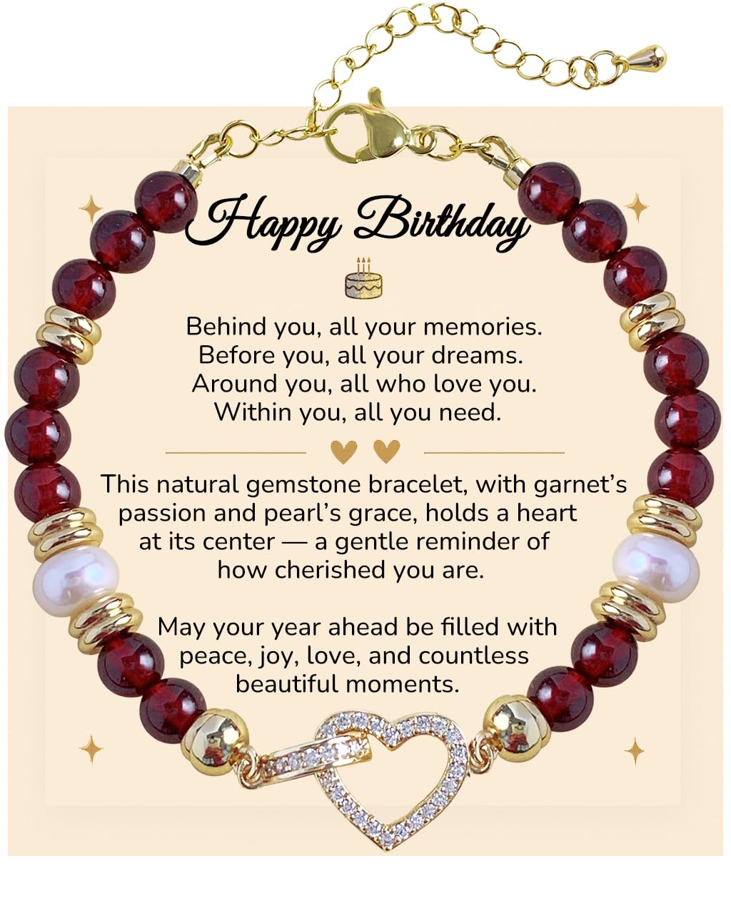 YEETONDA Four Leaf Clover & Heart Natural Gemstone Rainbow Bracelets Jewelry 16th 21st 30th 40th 50th 60th 70th 80th Birthday Gifts For Women Mom Sister Friend Daughter Niece(Garnet)