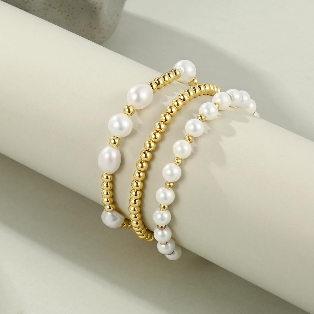 Gold Pearl Bracelets for Women Baroque Beaded Stackable14K Gold Plated Stretch Bead Ball Bracelet Jewelry Gifts （3PCS)