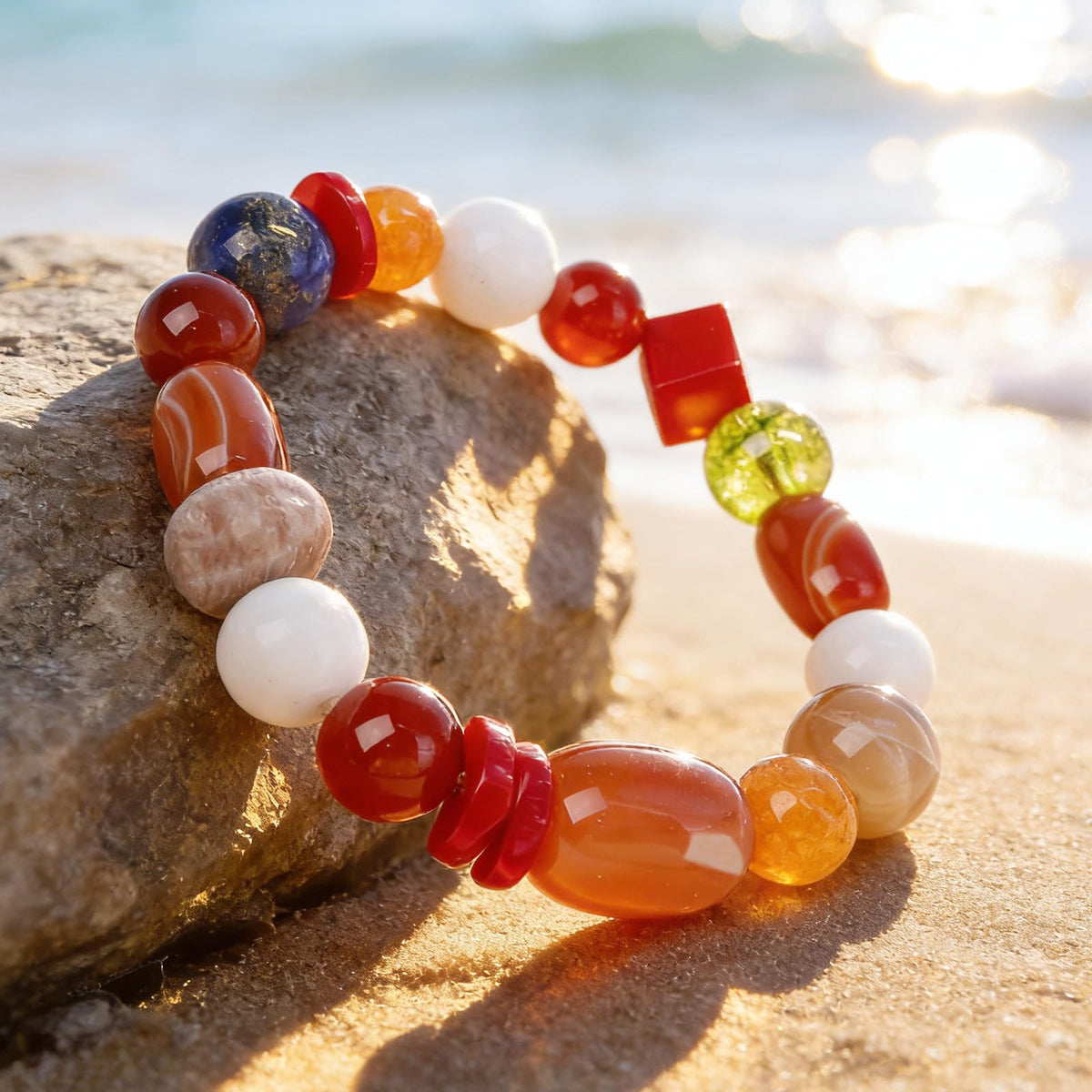 Boho Colorful Beaded Bracelets for Women, Handmade Stretchy Gemstone Bead Bracelet, Summer Women Beach Stackable Bead Bracelets Natural Healing Crystals Relax Stone Bracelets Unique Gifts for Mother (Red)