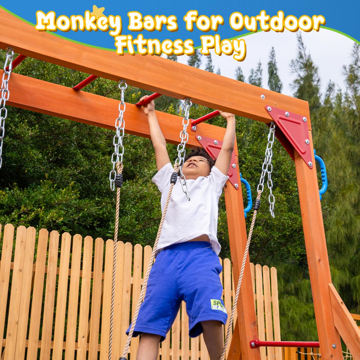 Dolphin Playground Cedar Wooden Swing Sets, Outdoor Playset with Monkey Bar, Heavy Duty Backyard Playset for Kids 3-10, 2-in-1 Picnic Table, 6FT Wave Slide, Climbing Wall, Belt Swings