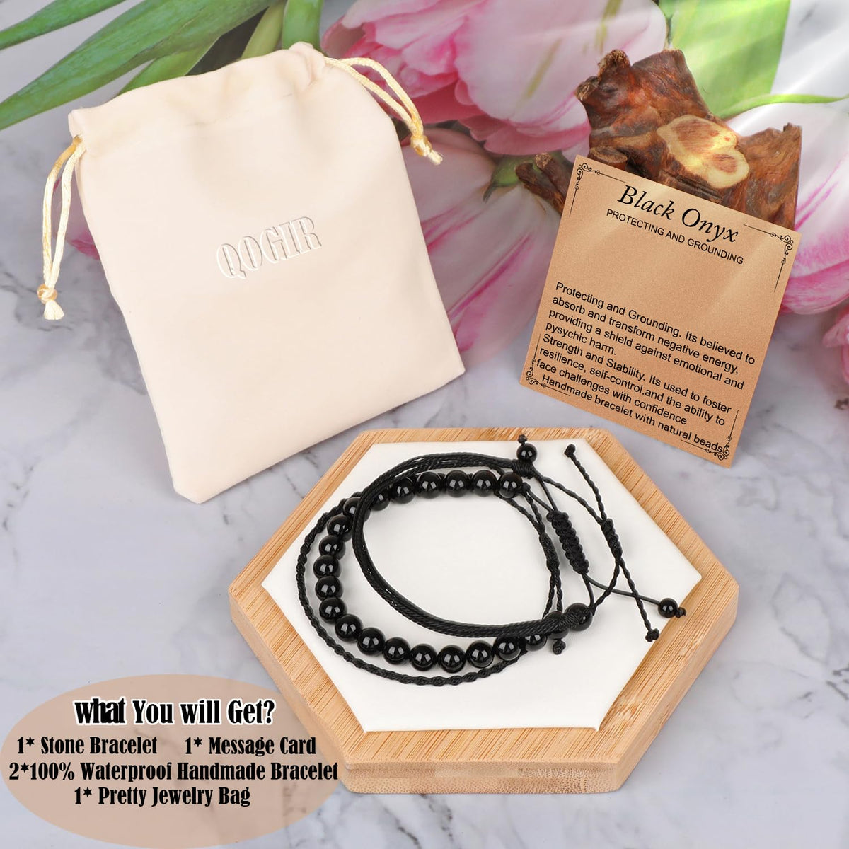 QOGIR Handmade Healing Bracelets,8mm Natural Black Onyx Gem Stone Beads Bracelet for Men Women Gifts with 2PCS Size Adjustable Rope Bracelets
