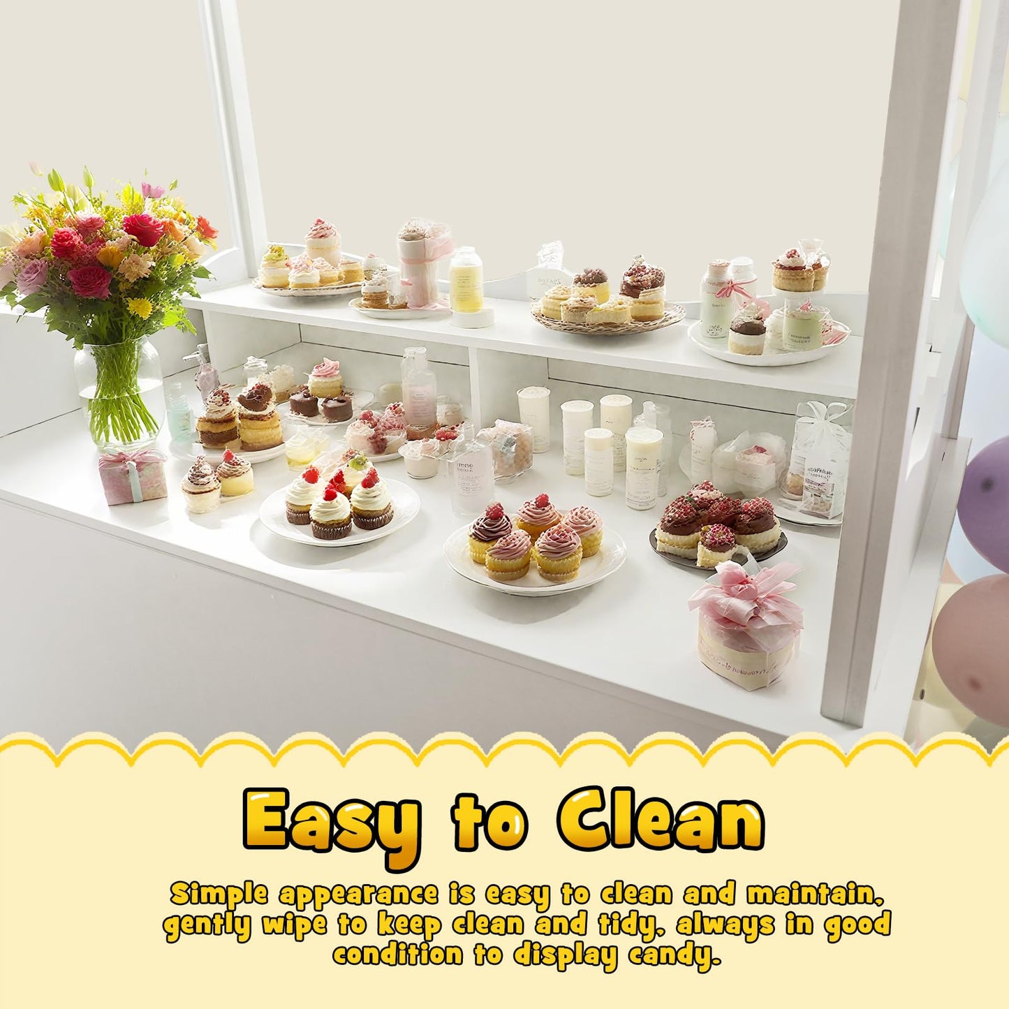 Gasgo Versatile Dessert Cart with Fixed Wheels - 70"x40"x22" Charcuterie Station, Candy Display Stand for Business, Flower Cart with Included 100 Balloons & 1 String Lights, White