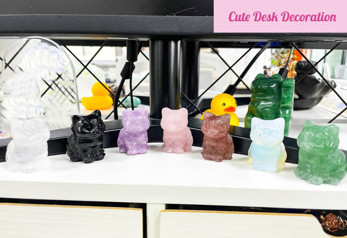 DUQGUHO Cat Decor Strawberry Quartz Cat Crystal Figurines Crystals Gifts for Cat Lovers Men Women Lucky Cute Cat Statue for Room Desk Decor 1PC