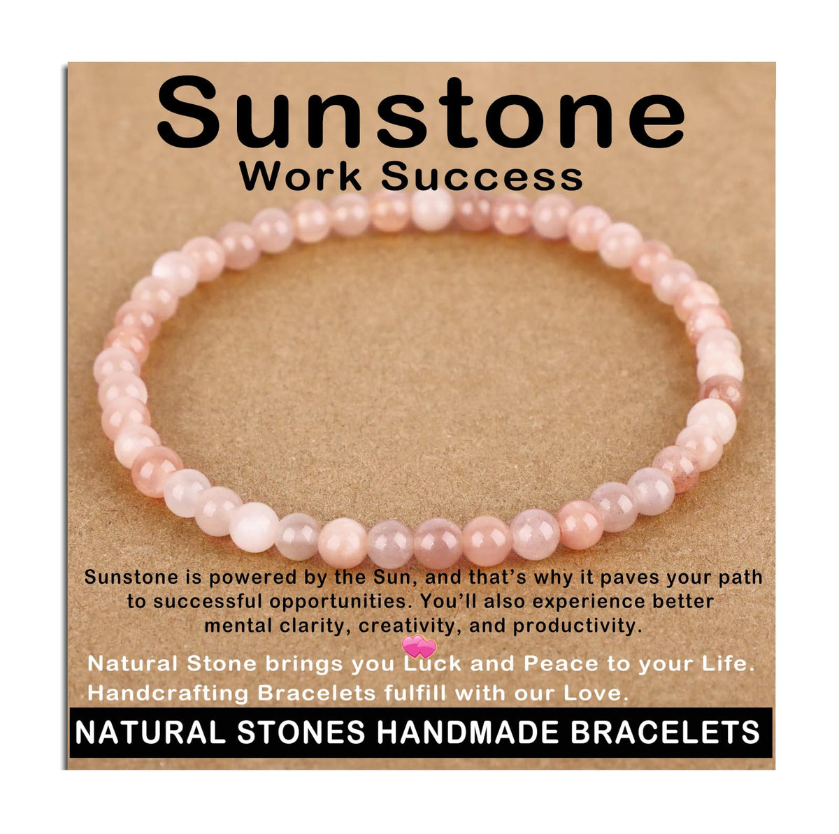 AD Beads Handmade Gemstone Stretch Elastic Bracelet Crystal Healing Reiki Nature's Beauty and Spiritual Essence Unisex (4mm, Sunstone (Work Success))