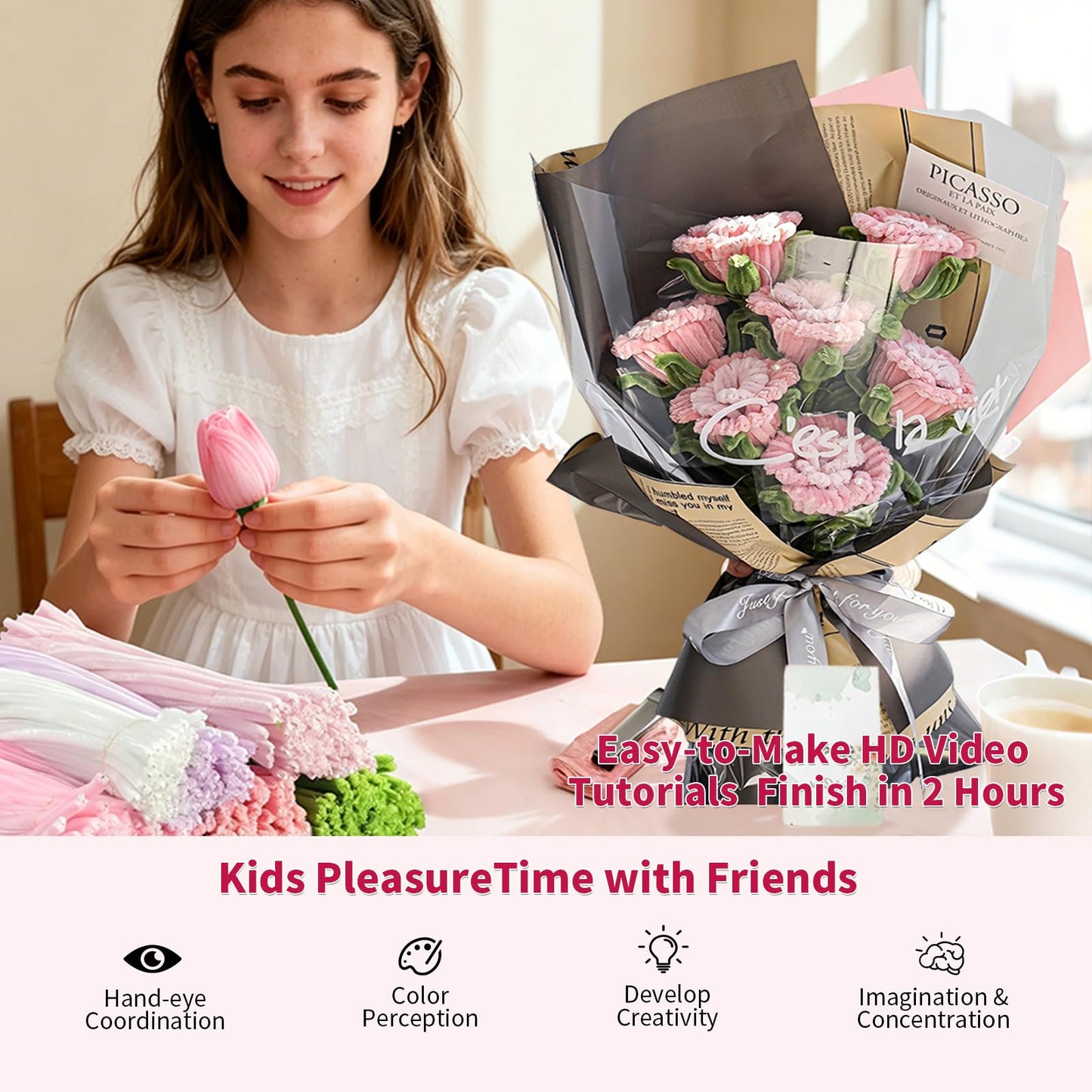 LUO TUO TOOL Pipe Cleaners Craft Flower Kit, Pink Rose DIY Bouquet Kit to Make Pipe Cleaner Flowers with Chenille Stems, Wrapping Paper and Ribbon, Arts and Crafts Gift for Girls, Mother’s Day Gift