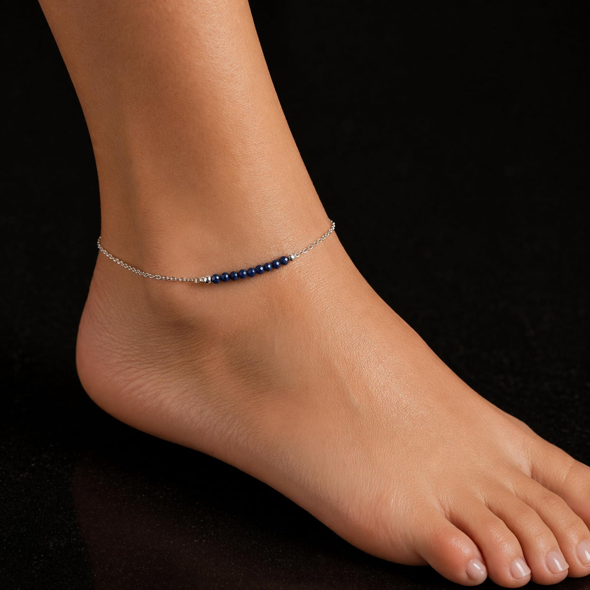 YANARA Sapphire Ankle Bracelets for Women, Natural September Birthstone, Blue Stone Beads, Handmade Dainty Anklets For Women 9"+1.25" inch Silver Plated Chain, Chakra Healing Crystals, Minimalist Gift Jewelry For Her