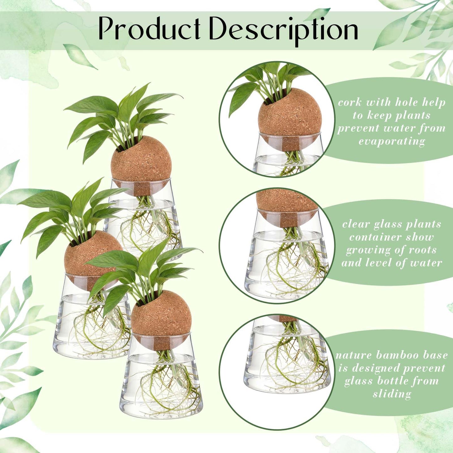 Baderke 3 Pcs 3.15 Inches Glass Plant Propagation Stations with Spherical Lid Glass Jars Plant Propagation Vases Hydroponic Spherical Cork Planter for Indoor Home Office Desktop Decor(Conical)