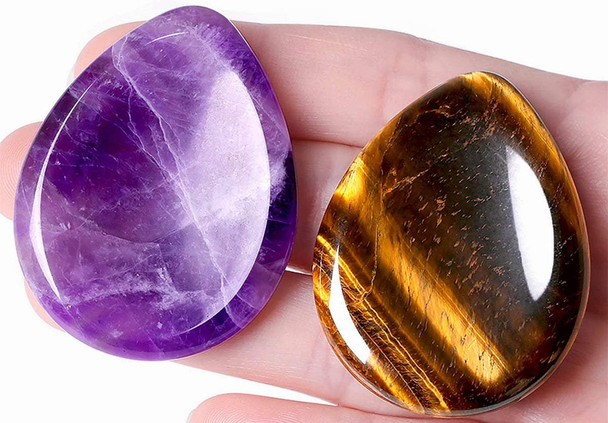 QINJIEJIE 2PCS Worry Stone Amethyst Tiger's Eye Healing Crystals Hand Carved Gemstones Thumb Pocket Stones Meditation Crystal Reiki Water Drop Shaped Palm Stone for Anxiety Therapy