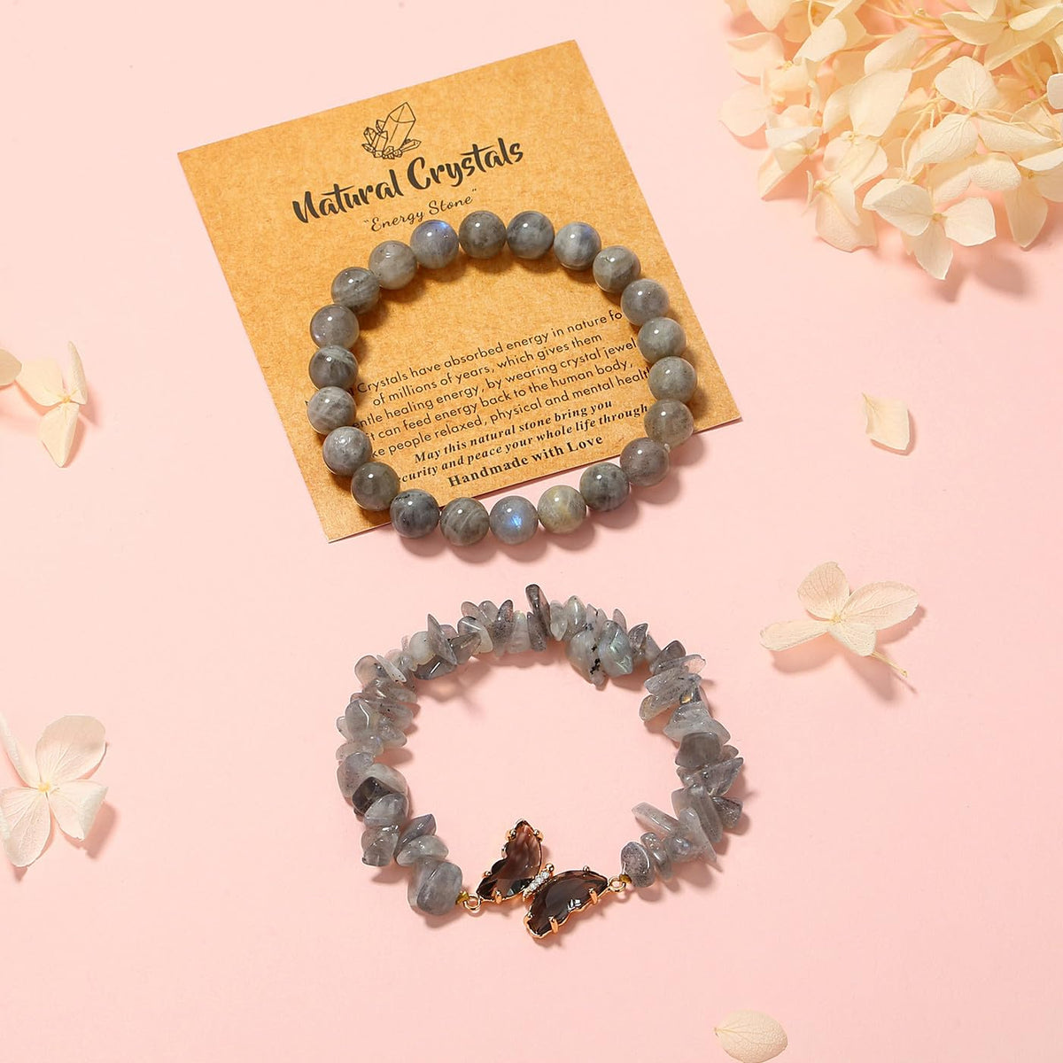 DUQGUHO 2Pcs Butterfly Bracelets for Women Grey Moonstone Bracelet Gift for Women Healing Crystal Bracelet Natural Gemstone Stretchable Jewelry 8mm Crystal Beaded Bracelet Gift for Birthday