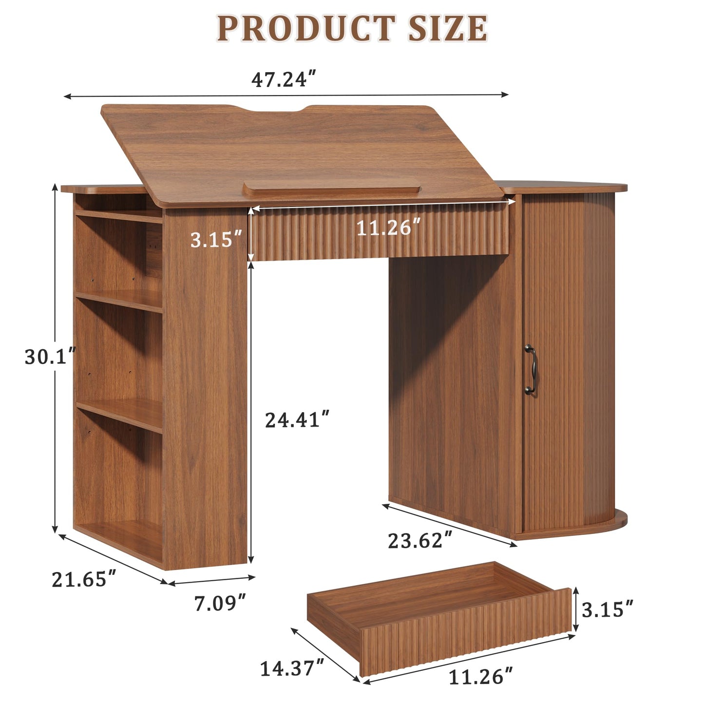 Lurinthal Drafting Table with Storage Cabinet & Drawers, Crafting Table with Open Shelves, Fluted Drawing Desk Computer Desk for Artists, Painters, Drawing, Crafting, Reading, Writing, Working