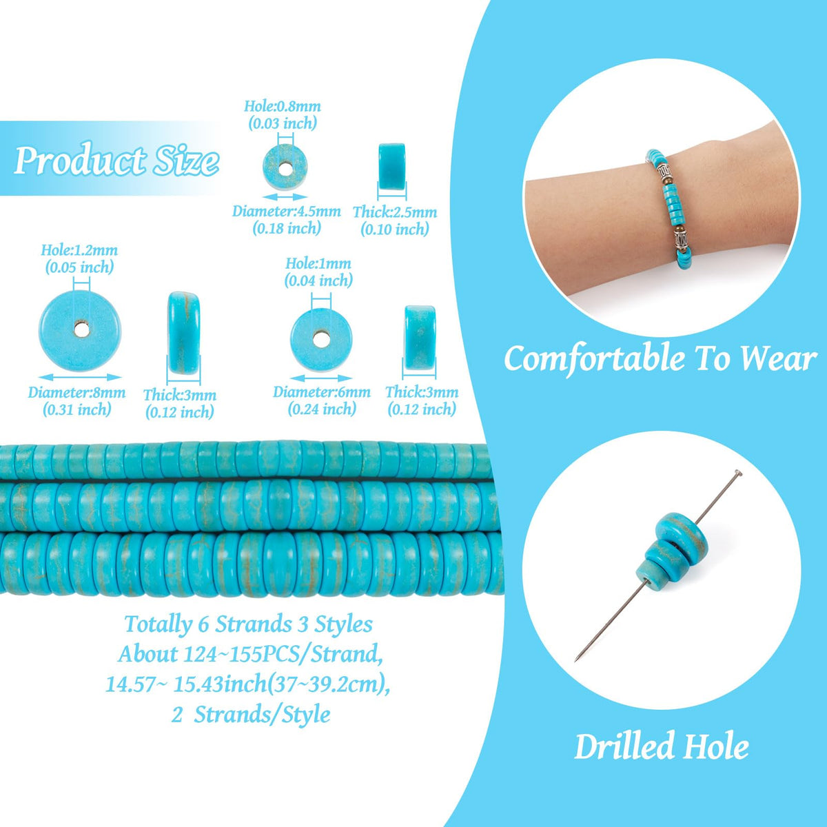 900Pcs Natural Blue Turquoise Beads Turquoise Heishi Disc Beads 4.5/6/8mm Flat Round Gemstone Bead for Women Bohemian Earring Bracelet Jewelry Making