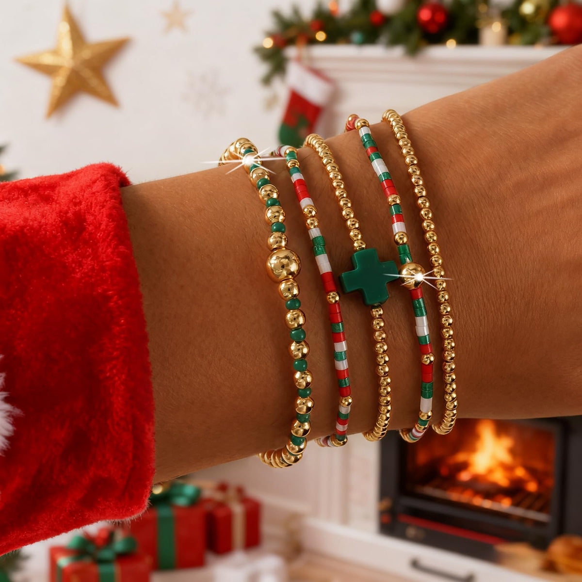 Bohxantium Christmas Bracelets Stack for Women Red Green White 14K Gold Plated Beaded Ball Stretch Stackable Small Seed Beads Cross Bracelet Trendy Jewelry Accessories Christian Friendship Xmas Gifts