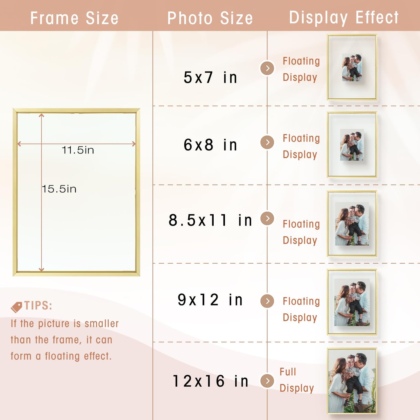 Golden State Art, 12x16 Floating Frame, Gold Aluminum Picture Frame, Clear Glass Display Any Size Photo up to 12 x 16, Home Gallery Wall Decoration, Display Horizontal and Vertical