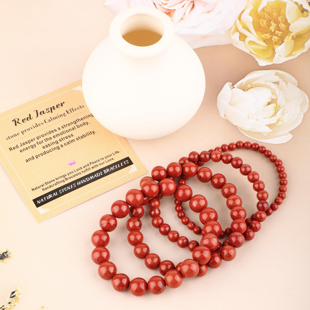 AD Beads 6mm Handmade Red Jasper Elastic Bracelet – Natural Gemstone for Stone provides Calming Effects – Meditation, Yoga, Healing and Energy Gift for Men Women