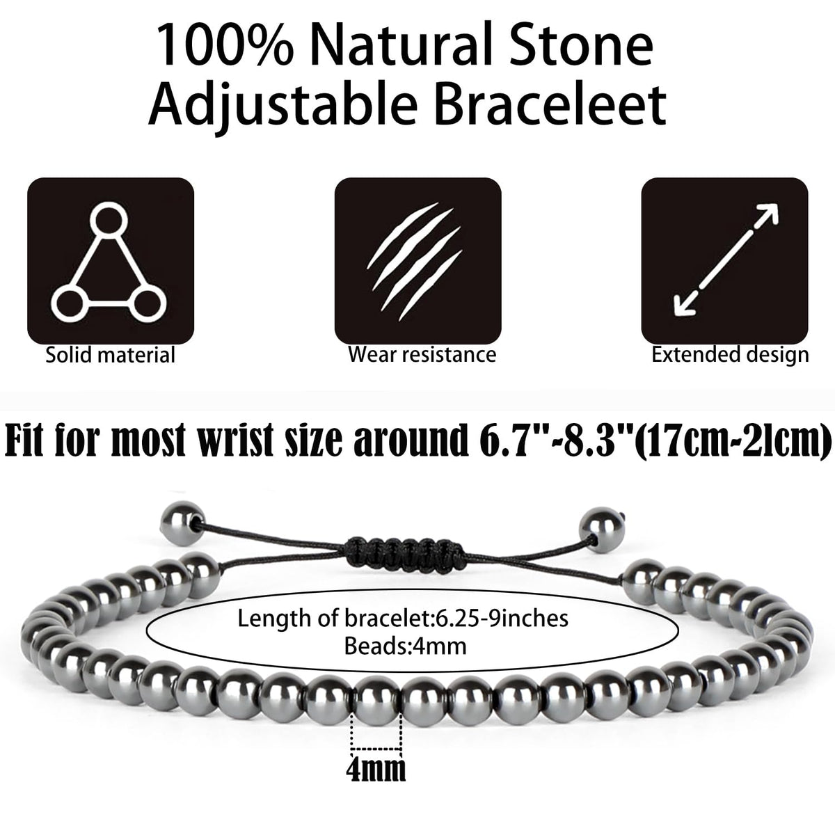 QOGIR Handmade Healing Bracelets,4mm Natural Hematite Gem Stone Beads Bracelet,for Men Women Gifts with 2PCS Size Adjustable Rope Bracelets