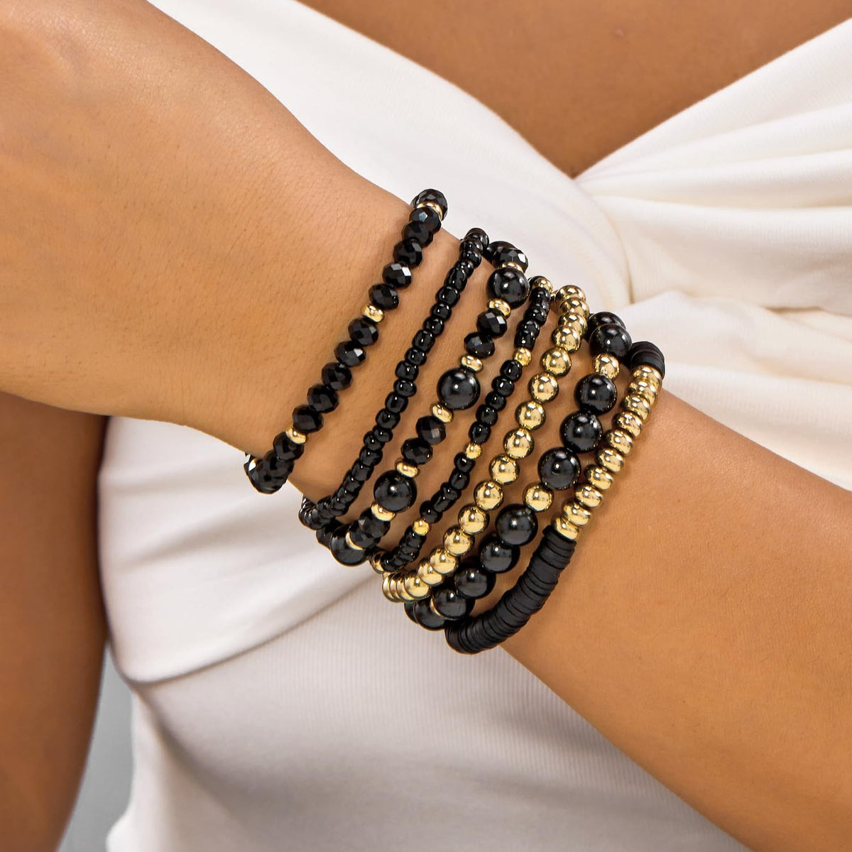 LOTSOF Boho Multilayer Beaded Bracelets Set for Women - Vintage Gold & Brown Stackable Stretch Bracelets, Bohemian Handmade Jewelry for Daily Style & Gifting (Black)