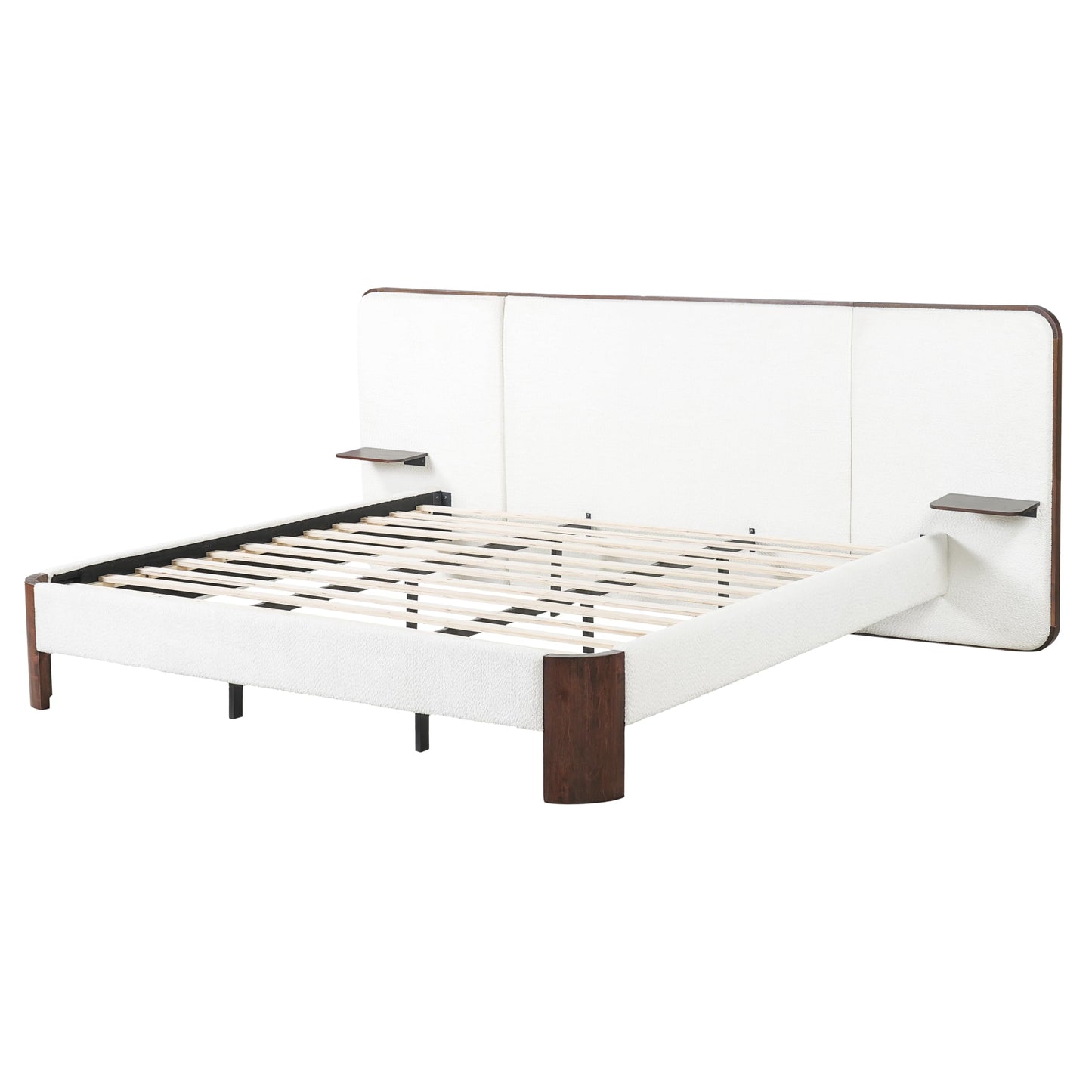 Merax King Size Upholstered Platform Bed Frame with Large Curved Headboard,Built-in Floating Shelves,Wood Slats and Metal Support for Bedroom,Noise-Free