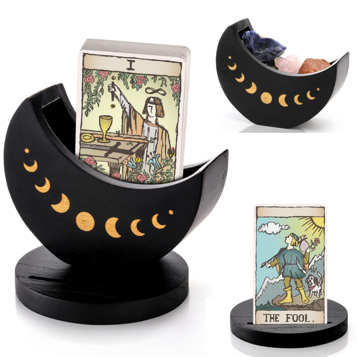 Eorbow Tarot Deck Holder with Moon Shape Case, Wood Tarot Card Display Box Stand, Moon Phase Daily Oracle Card Organizer, Witchcraft Decor Supplies for Crystal Stone Storage