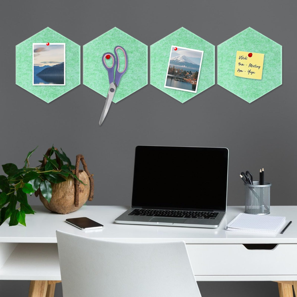 8 Packs Light Green Hexagon Felt Pin Board, 12" Bulletin Board with 30 Push Pins, Felt Board for Home Kitchen Office Decor, Self-Adhesive Corkboard Tiles for Walls Message Photos Memos Display