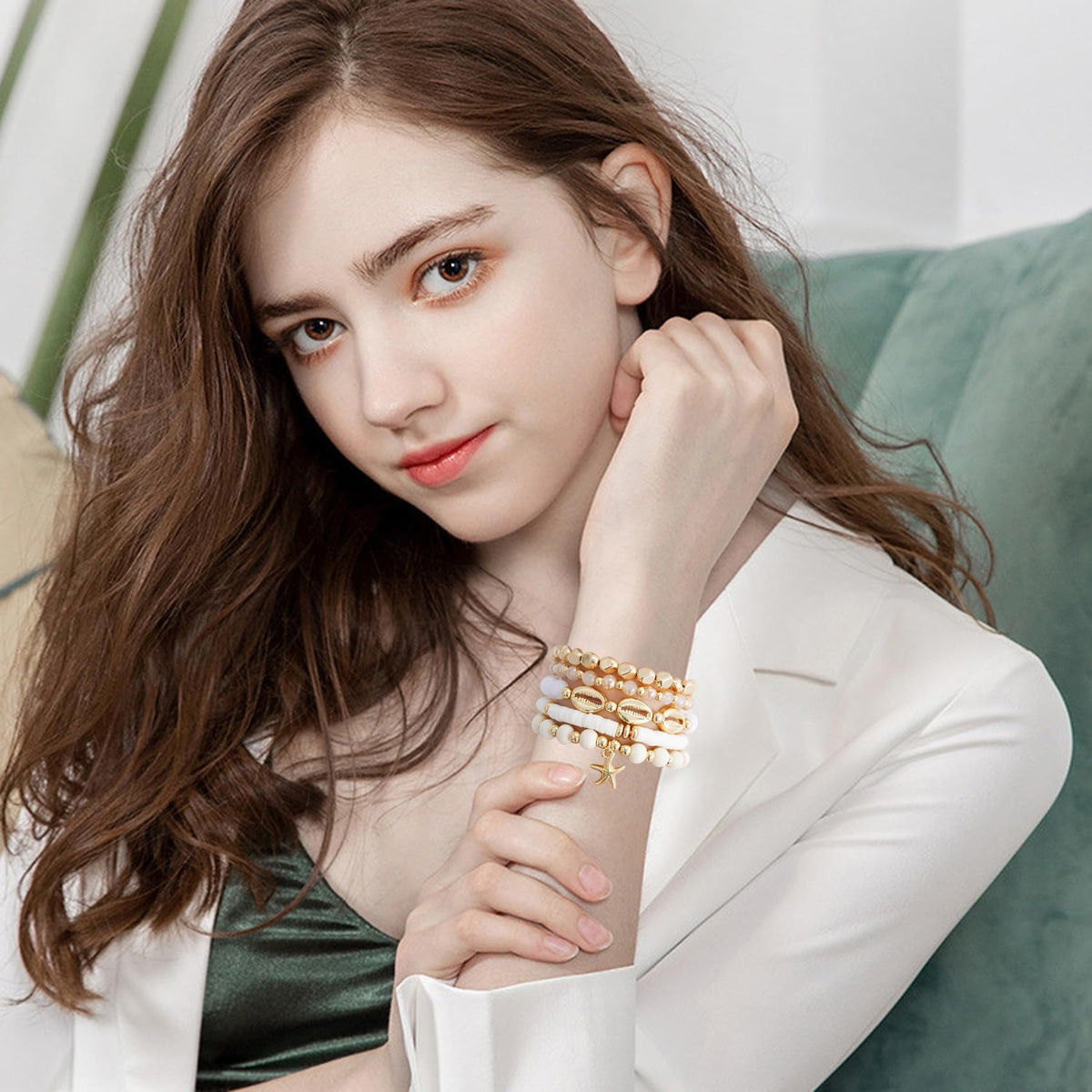 GOOJIDS Surfer Heishi Clay Bead Bracelets for Women Starfish Stackable Gold Plated Beaded Stretch Bracelets Elastic Layering Friendship Bracelets Set Jewelry