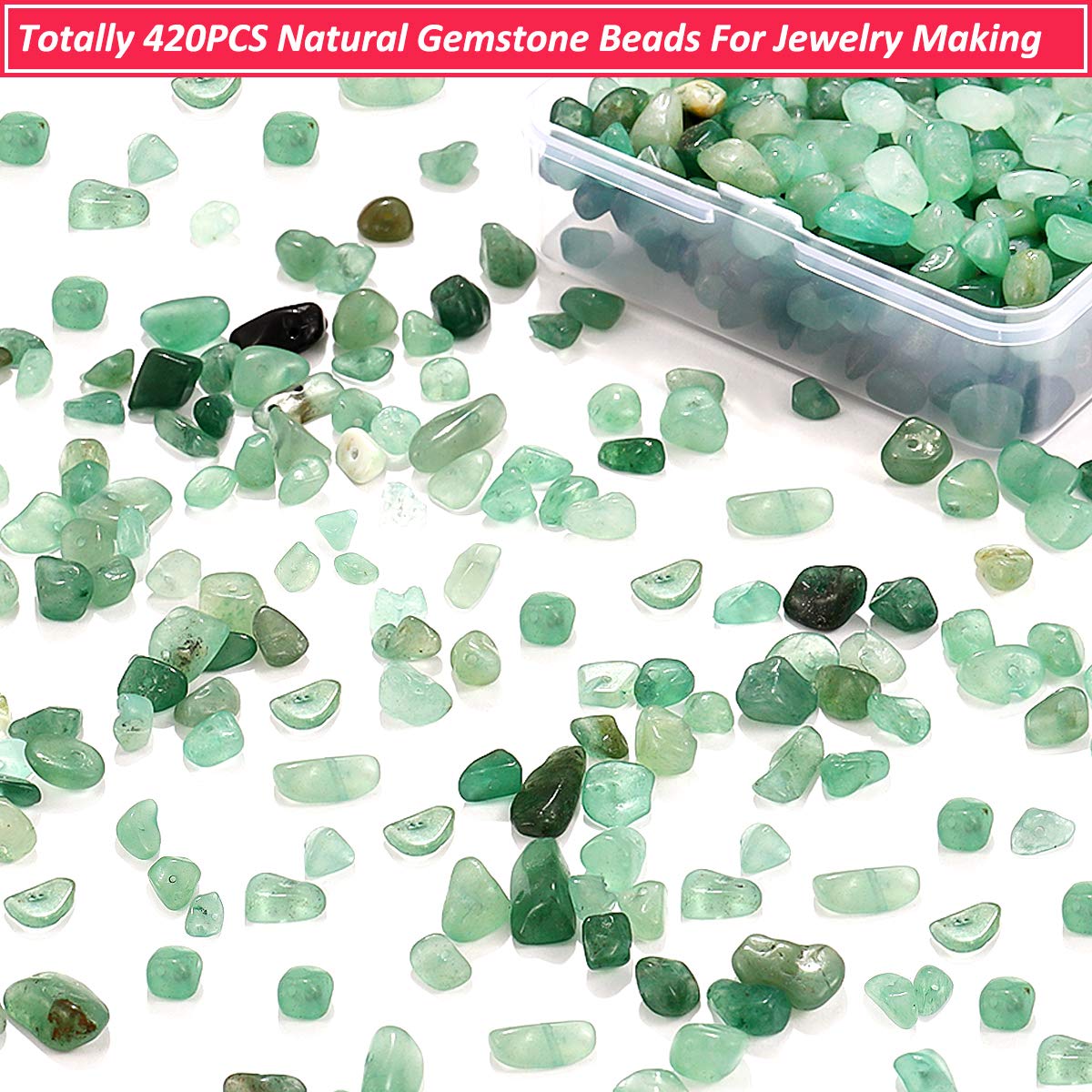 420PCS Chip Stone Beads Green Aventurine, Irregular Gemstones Healing Crystal Loose Beads Crushed Chunked Crystal Pieces Hole Drilled for DIY Art Crafts Jewelry Making (Green Aventurine)