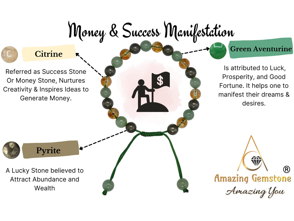 Amazing Gemstone Money Wealth Success Bracelet - Pyrite Green Aventurine Citrine Bracelet Set for Healing Calming Anxiety Stress Relief Gifts Pulseras Para Hombres Mujer Stocking Stuffer (Adjustable)