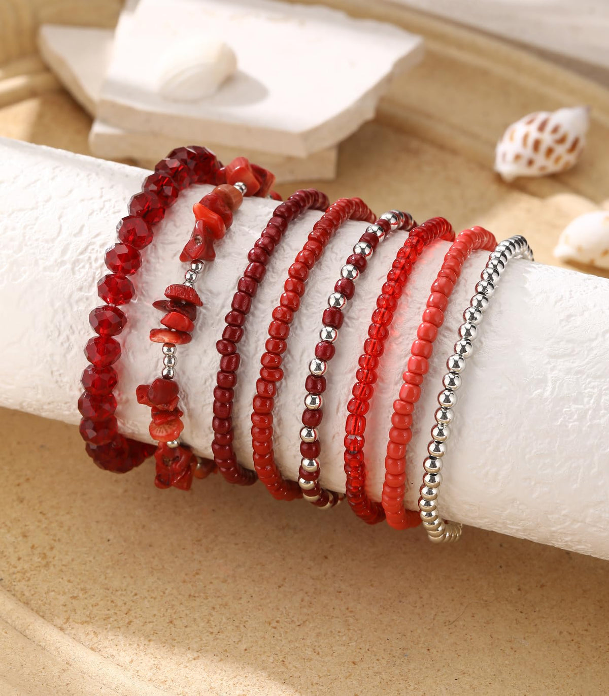 Noessla Boho Beaded Bracelets for Women Stackable Irregular Natural Stone Bead Stretch Bracelet Set 8PCS Costume Jewelry Gifts for Her(Red)