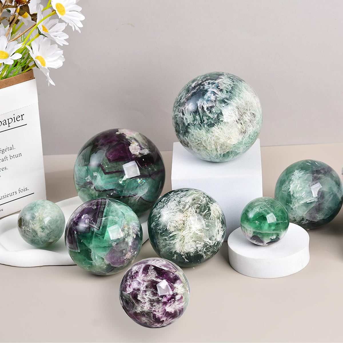 JIC Gem 2.7-3.1 inch(70-80mm) Large Crystal Ball Feather Fluorite Healing Crystals Sphere with Wooden Stand Meditation Home Decor