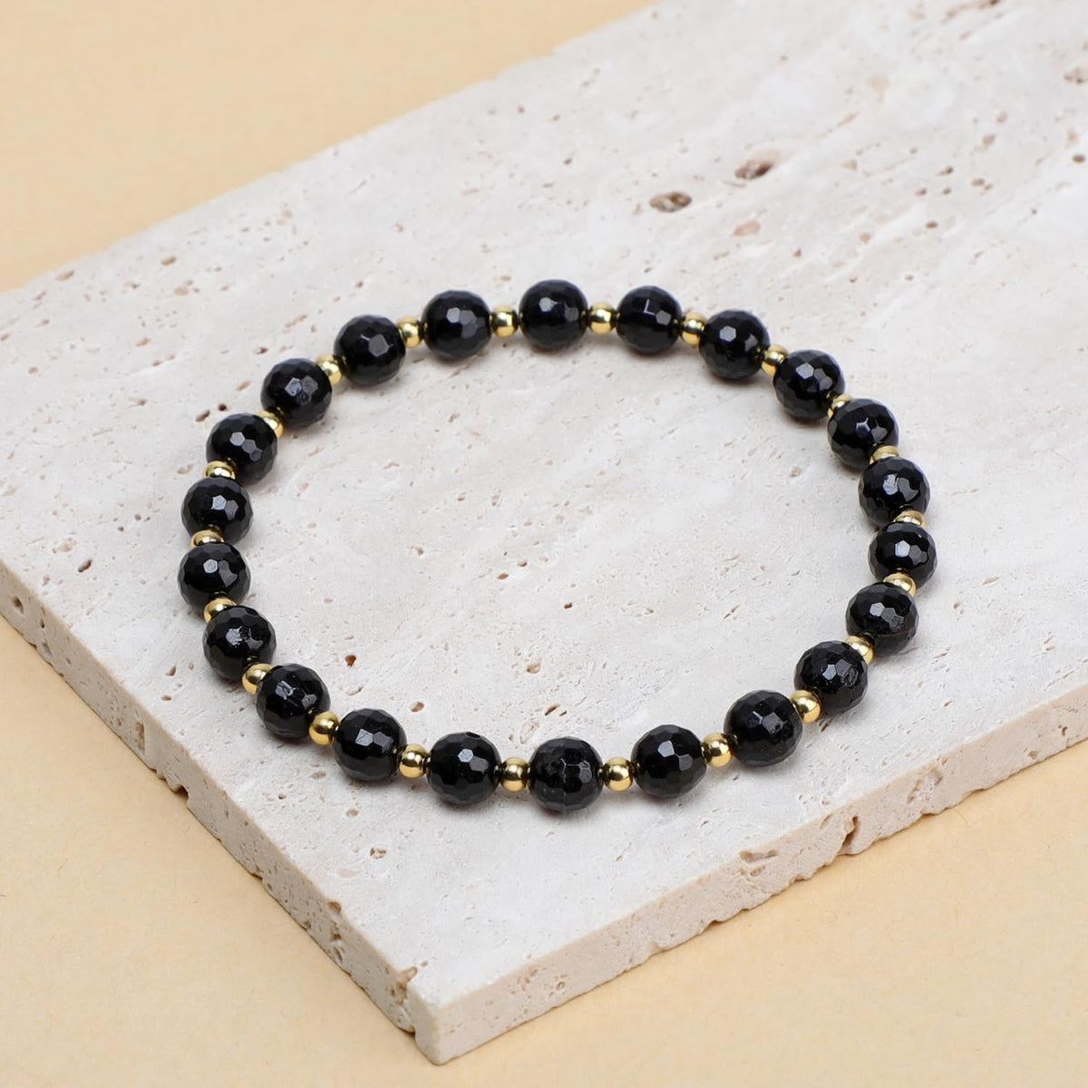 QOGIR Black Tourmaline - Psychic Protection - 14K Gold Plated Beads Natural Gemstone Stretch Elastic Dainty Healing Beaded Bracelets Gifts 6mm