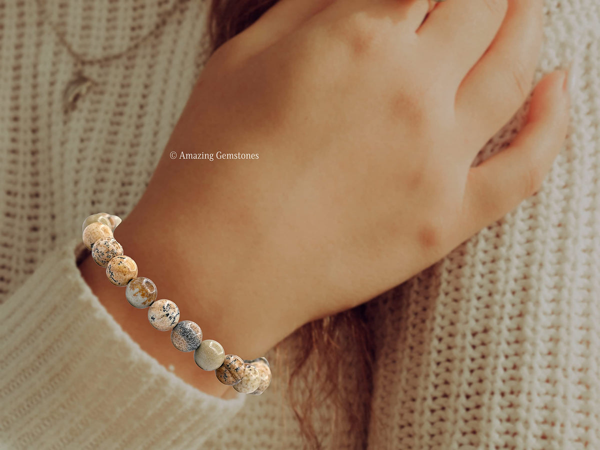 Amazing Gemstone Picture Jasper Bracelet for Women Men's Gifts - Protection Healing Crystal Bracelet - 8mm Beaded Adjustable Bracelet Pulseras Para Hombres Mujer Stocking Stuffers