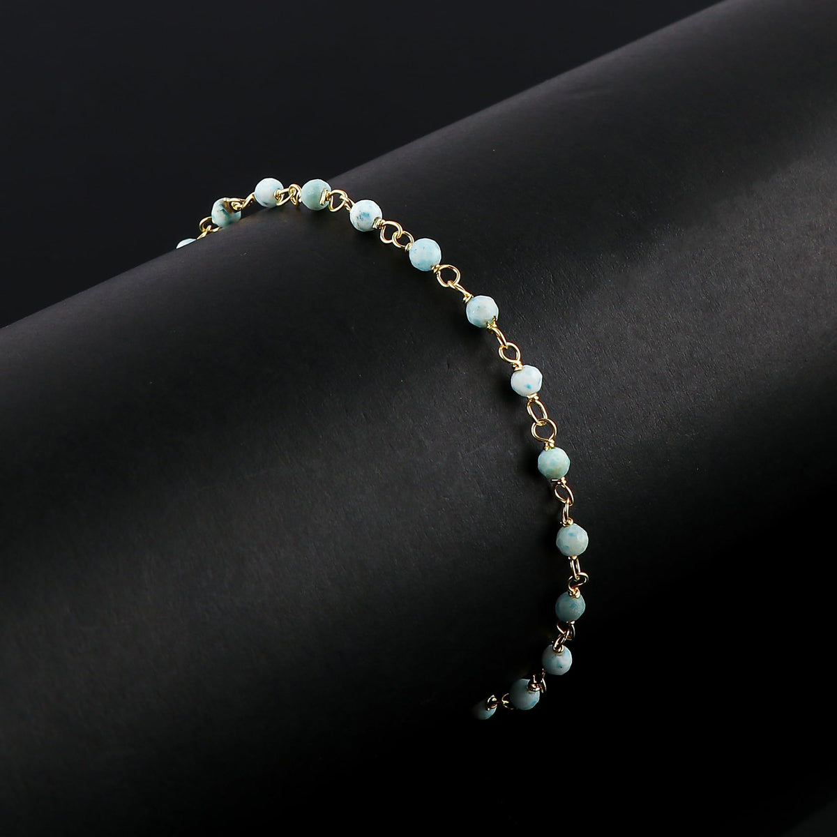 CRYSTALINES Natural Sky-Blue Larimar Gemstones Bracelet Handmade Hypoallergenic Gold Plated Jewelry for Women Healing Crystals Microfaceted Beads Rosary Chain Boho Birthday Bracelet, 7+1inch